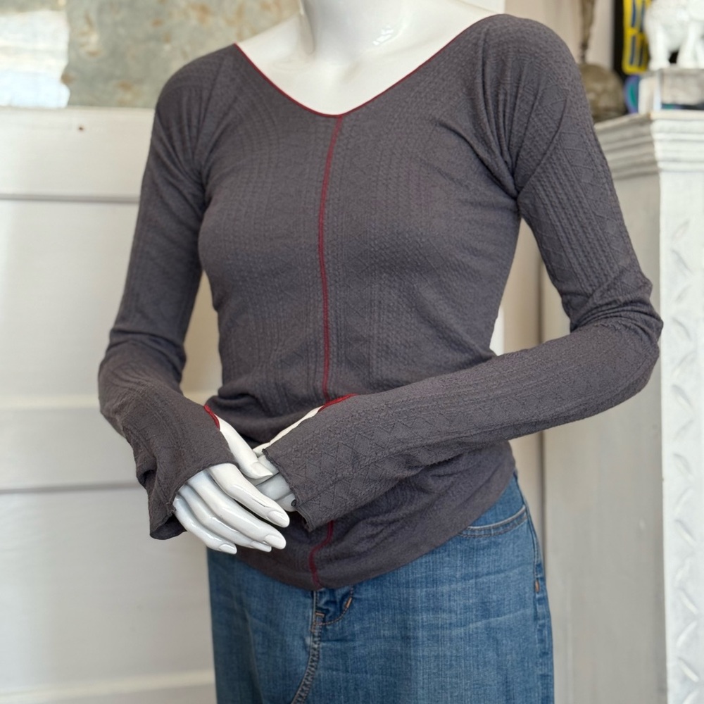 Free People Charcoal Long Sleeve Top with Red Accents
